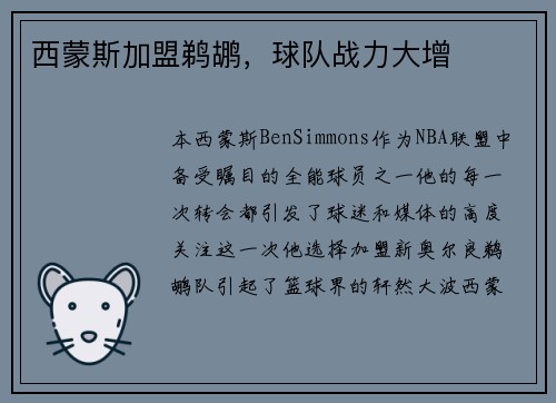 西蒙斯加盟鹈鹕，球队战力大增