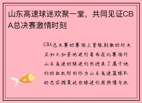 山东高速球迷欢聚一堂，共同见证CBA总决赛激情时刻
