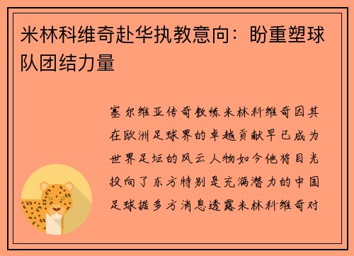 米林科维奇赴华执教意向：盼重塑球队团结力量
